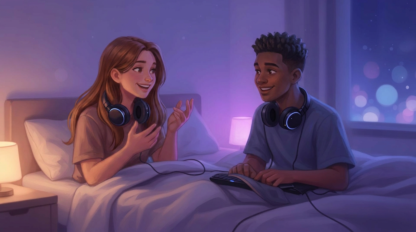 Two friendly gamers chatting in a cozy bedroom with soft purple lighting